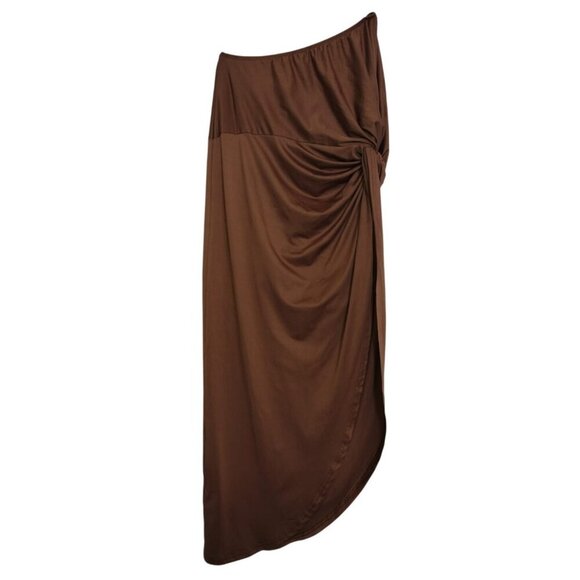 Brown Asymmetrical Midi Dress with Ruched Detail, One Shoulder, Size XL - Picture 1 of 9